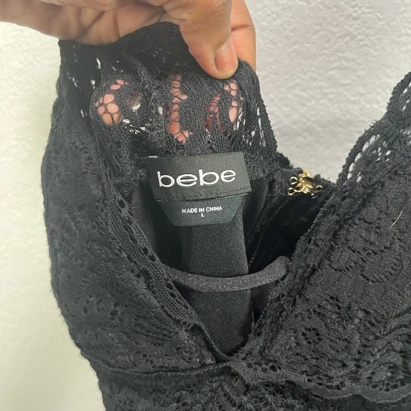 Bebe Women’s Mini‎ Black Lace Dress Lace Feminine Sleeveless back zip Sz L Party - Picture 3 of 11